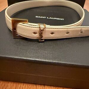 Saint Laurent Off-White Leather Belt with Gold Buckle